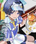  1boy alternate_costume apron aqua_collar black_shorts blunt_ends blurry blurry_background bun_(food) burger cat cat_burger collared_shirt contemporary eyelashes eyeliner eyeshadow food french_fries fried_egg from_above genshin_impact grey_hair hair_ornament hairclip harness hat hat_ornament highres holding holding_saucer lettuce looking_at_viewer looking_up makeup male_focus mora_(genshin_impact) mustard o-ring o-ring_harness plant plate purple_eyes purple_shirt purple_sleeves red_eyeliner red_eyeshadow rtms saucer scaramouche_(genshin_impact) shirt shorts solo star_(symbol) star_hat_ornament striped_sleeves tile_floor tiles tissue tomato tomato_slice tsurime twitter_username visor_cap waist_apron waiter wanderer_(genshin_impact) white_apron white_hat white_sleeves wispy_bangs 