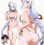  1boy 1girl absurdres ass bikini black_choker blue_eyes braid braided_ponytail breasts choker closed_mouth collarbone commentary_request commission earrings genshin_impact hair_ornament hand_up highres jewelry korean_commentary large_breasts long_hair looking_at_viewer mixed-language_commentary multiple_views navel pixiv_commission shenhe_(genshin_impact) signature simple_background stomach swimsuit tassel tassel_earrings very_long_hair white_background white_bikini white_hair yoo_tenchi 