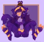  absurd_res anthro arms_tied balls blush bodily_fluids bound cum cum_in_ass cum_inside erection fur genital_fluids genitals hair hi_res horn humanoid long_hair male nugget_(aspen) penis precum purple_body purple_skin sexycheese5 solo yellow_eyes 