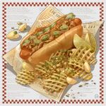  absurdres chili_dog english_commentary english_text food food_focus highres hot_dog hot_dog_bun lenta no_humans original paper sausage waffle_fries 