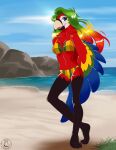  anthro avian beach bikini bird clothing female hi_res kittmouri macaw neotropical_parrot parrot sea seaside solo swimwear true_parrot water 