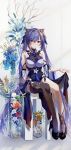  1girl absurdres bangs bare_shoulders black_footwear black_thighhighs blue_flower blush closed_mouth cone_hair_bun flower genshin_impact hair_between_eyes hair_bun hair_ornament high_heels highres keqing_(genshin_impact) long_hair looking_at_viewer orange_flower purple_hair red_eyes red_flower sitting skirt_hold solo swkl:d thighhighs 