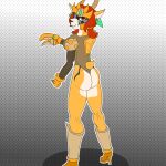antelope anthro armor armor_legs bare_legs black_markings black_visor bovid breasts brown_clothing brown_eyes brown_hair brown_leotard butt butt_focus claw_weapons clothing ear_piercing ear_ring expressive female footwear fur gauntlets glitter_(kadath) gloves hair handwear high_heels horn leotard lyonley mammal markings piercing ring_piercing shoes shoulder_guards small_breasts smile smiling_at_viewer solo tan_body tan_fur text two_color_fur visor_helmet yellow_body yellow_clothing yellow_fur yellow_gloves yellow_handwear
