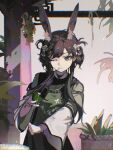  1girl absurdres alternate_costume amiya_(arknights) animal_ears arknights blue_eyes brown_hair chromatic_aberration closed_mouth dress green_dress hashtag-only_commentary highres jiuxiaoshi one_eye_closed rabbit_ears rabbit_girl solo upper_body wide_sleeves 