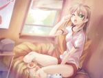  1girl ;o amputee artist_request blonde_hair blush blush_stickers buruma double_amputee eyelashes full_body game_cg green_eyes gym_shirt gym_uniform ibarazaki_emi indoors katawa_shoujo legless_amputee long_hair looking_at_viewer non-web_source official_art one_eye_closed open_mouth pillow red_buruma shirt short_sleeves sidelocks sitting sleepy solo stuffed_animal stuffed_toy white_shirt window 