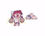  alfonse_(fire_emblem) animated animated_gif anna_(fire_emblem) blinking blonde_hair blue_eyes blue_hair blush braid chibi crying fire_emblem fire_emblem_heroes gloves green_eyes hood kiran_(fire_emblem) long_hair money_bag multiple_girls mushi_rags open_mouth ponytail red_hair sharena_(fire_emblem) short_hair simple_background smile 