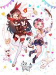  2girls :d absurdres amber_(genshin_impact) animal_ears animal_print bag bangs bangs_pinned_back baron_bunny_(genshin_impact) belt breasts brown_eyes brown_gloves brown_hair calico carrying cat cat_ears cat_girl cat_print cat_tail cleavage cocktail_glass cocktail_shaker commentary_request cup detached_sleeves diona_(genshin_impact) drink drinking_glass forehead full_body genshin_impact gloves goggles goggles_around_neck hair_between_eyes hair_ornament hairband hat highres holding holding_cup long_hair long_sleeves looking_at_viewer multiple_girls paw_print puffy_detached_sleeves puffy_shorts puffy_sleeves rabbit salute short_hair short_shorts shorts sidelocks smile standing standing_on_one_leg stuffed_animal stuffed_toy tail thick_eyebrows viclim-monou vision_(genshin_impact) white_gloves wine_glass 