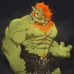 2025 3_fingers abs big_muscles body_hair bone brown_hair chest_hair chest_tuft ear_piercing fingers green_arms green_body green_chest green_fingers green_hands green_head green_legs green_nipples green_skin green_tail hair hi_res humanoid internaledge jewelry male male_humanoid muscular muscular_humanoid necklace nipples not_furry orange_pubes pecs piercing pointy_ears pubes red_eyes scar skull tail troll_(mythology) tuft tusks zin&#039;tah_(raelthan)