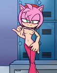 accessory amy_rose anthro bare_hands bench bodily_fluids bottomwear bottomwear_pull breasts clothed clothing clothing_lift clothing_pull eulipotyphlan exercise_clothes female flashing flashing_breasts fur green_eyes hair_accessory hairband hedgehog hi_res locker_room mammal nipples notsafeforcurt pants pants_pull partially_clothed pink_body pink_fur sega shirt shirt_lift solo sonic_the_hedgehog_(series) sweat teasing teasing_viewer topwear