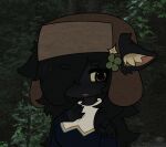 ambiguous_gender anthro black_body bodily_fluids breasts canid canine canis chest_(disambiguation) circle_eyebrows clothing clover_(plant) coyote ears_down eiufuawn eyebrows eyelashes fluffy forest forest_background fur hair hat headgear headwear invalid_tag long_hair low mammal multicolored_body multicolored_fur nature nature_background open_mouth pivoted_ears plant prismatic shy solo star sweat sweatdrop sweater tagme topwear tree two_tone_body two_tone_fur ushanka