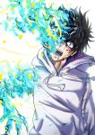  1boy absurdres angry arm_up black_hair blood blood_on_face body_horror determined fangs fangs_out highres jacket kamijou_touma multicolored_eyes open_mouth toaru_majutsu_no_index toaru_majutsu_no_index:_new_testament white_background white_jacket youngmanisdown 