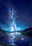  1girl amatsuki_rei bug butterfly fantasy from_behind highres meteor_shower night original reflection scenery sky solo star_(sky) star_(symbol) starry_sky walking walking_on_liquid water 
