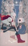 2boys absurdres black_shorts blue_jacket boots english_text grin highres jacket laughing male_focus multiple_boys open_mouth papyrus_(undertale) pink_slippers red_boots red_scarf sans_(undertale) scarf shorts sitting skeleton slippers smile socks teeth undertale watashida white_socks 