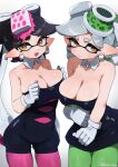  2girls bare_shoulders black_hair black_unitard blush bow-shaped_hair breasts callie_(splatoon) callie_(squid_sisters_outfit)_(splatoon) cleavage commentary_request detached_collar earrings gloves green_pantyhose grey_hair highres jewelry kashu_(hizake) long_hair looking_at_viewer marie_(splatoon) marie_(squid_sisters_outfit)_(splatoon) multiple_girls open_mouth pantyhose pink_pantyhose pointy_ears smile splatoon_(series) splatoon_1 tentacle_hair white_gloves yellow_eyes 