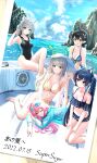  5girls absurdres ahoge animal_ear_fluff animal_ears arm_up armpits ayane_(blue_archive) ayane_(swimsuit)_(blue_archive) bare_arms bare_legs bare_shoulders barefoot bikini black_bikini black_hair black_swimsuit blue_archive blue_bikini blue_eyes blue_jacket boat breasts cleavage closed_mouth collarbone competition_swimsuit covered_navel crossed_legs day extra_ears eyewear_on_head fox_ears frilled_bikini frills front-tie_bikini front-tie_top green_eyes grey_hair halo halter_top halterneck hands_on_own_thighs hat highleg highleg_swimsuit highres hoshino_(blue_archive) hoshino_(swimsuit)_(blue_archive) jacket large_breasts long_hair looking_at_viewer lying medium_breasts midriff multiple_girls navel nonomi_(blue_archive) nonomi_(swimsuit)_(blue_archive) off_shoulder one-piece_swimsuit one_eye_closed open_clothes open_shirt outdoors parted_lips photo_(object) pink_hair pointy_ears ponytail red_eyes see-through serika_(blue_archive) serika_(swimsuit)_(blue_archive) shiroko_(blue_archive) shiroko_(swimsuit)_(blue_archive) short_ponytail side-tie_bikini sitting smile stomach string_bikini striped striped_bikini sun_hat sunglasses supersugar swimsuit thighs twintails v-shaped_eyebrows very_long_hair watercraft white_headwear yellow_bikini yellow_eyes yokozuwari 