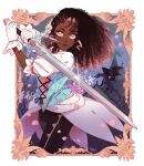  1girl borrowed_character brown_hair curly_hair dark-skinned_female dark_skin dragon flower gloves hair_between_eyes hair_ornament highres holding holding_sword holding_weapon isakysaku original petals pink_eyes sidelocks solo sword weapon white_flower white_gloves 