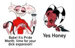 2021 4_fingers 4_hands angel_dust arachnid arthropod blitzo_(helluva_boss) clothing demon digital_drawing_(artwork) digital_media_(artwork) duo english_text expansion female fingers genital_expansion hazbin_hotel helluva_boss horn humanoid imp killb94_(artist) lgbt_pride lgbt_pride_month male mammal meme multi_hand penis_expansion sad sharp_teeth simple_background spider sweater teeth text topwear white_background