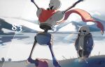  2boys black_cape blue_jacket bright_pupils cape grin highres hollow_eyes jacket male_focus multiple_boys papyrus_(undertale) sans_(undertale) signature skeleton smile teeth undertale walking watashida white_pupils 