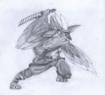  4_ears anthro avali clothed clothing feathered_arms feathered_tail feathers graphite_(artwork) headgear hi_res holding_object holding_weapon kreeper_rtn looking_at_viewer male melee_weapon mohawk multi_ear pencil_(artwork) poncho rogue_the_avali simple_background solo standing sword tail_feathers traditional_media_(artwork) visor weapon white_background 