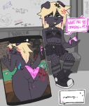 alternative_fashion angry anthro ball balls billiard_ball billiard_table black_body black_clothing black_fur blonde_hair blush blush_lines bodily_fluids body_writing bottomwear butt canid canine canis choker clothing clothing_aside colored_nails domestic_dog electronics embarrassed femboy fishnet_clothing fishnet_legwear floppy_ears footwear fur furniture genitals gesture glans glaring_at_viewer graffiti hair heart_symbol hi_res highlights_(coloring) jewelry legwear male mammal nails necklace nsfwbunniii panties panties_aside pattern_clothing pattern_footwear pattern_legwear pattern_socks penis phone piercing pink_glans presenting presenting_hindquarters rapid_transit ruined_reputation shoes skirt socks solo spank_marks speech_bubble striped_clothing striped_footwear striped_socks stripes sweat sweatdrop table tail tail_motion tailwag talking_to_viewer tally_marks tongue tongue_out underwear underwear_aside vandalism vape wardrobe_malfunction waving writing_on_butt