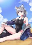  1girl absurdres animal_ear_fluff animal_ears bangs beach black_swimsuit blue_archive blue_eyes blue_jacket blue_sky breasts cloud commentary_request competition_swimsuit covered_navel cross_hair_ornament day extra_ears grey_hair hair_ornament halo highres jacket korean_commentary low_ponytail medium_breasts medium_hair mismatched_pupils multicolored_clothes multicolored_swimsuit one-piece_swimsuit outdoors seasand5579 shiroko_(blue_archive) shiroko_(swimsuit)_(blue_archive) sitting sky solo swimsuit 