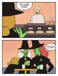absurd_res baker bakery black_clothing black_hat black_headwear bonnymama7 border bread breasts brown_hair cleavage clothed clothing comic elphaba_(bonnymama7) facial_hair female food freckled_face freckles furniture green_body green_skin group hair hat headgear headwear hi_res holding_money holding_object human humanoid humanoid_pointy_ears long_hair magic_user male mammal money mustache not_furry open_mouth pointy_ears red_hair sad table topwear white_border white_clothing white_hair white_hat white_headwear white_topwear witch