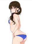  1girl ass bangs bikini black_hair blue_bikini butt_crack commentary_request cowboy_shot hair_over_shoulder highres inoue_takina kurihara_kenshirou long_hair looking_at_viewer lycoris_recoil purple_eyes simple_background solo standing swimsuit white_background 