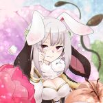  1girl animal_ears bangs blush breasts brown_cape cape cleavage closed_mouth commentary_request commission dress expressionless flower fur-trimmed_cape fur_scarf fur_trim long_hair looking_at_viewer medium_breasts official_alternate_costume pink_flower rabbit_ears ragnarok_online red_eyes scarf skeb_commission solo stamen takuto173 upper_body warlock_(ragnarok_online) white_dress white_hair white_scarf 