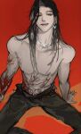  1boy bangs black_eyes black_hair blood earrings eyepatch heterochromia highres hua_cheng jewelry jing782767 long_hair looking_at_viewer male_focus necklace parted_bangs red_eyes sitting solo tian_guan_ci_fu topless_male 