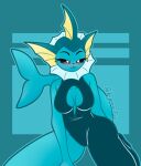 absurd_res anthro big_breasts blue_body blush breasts canid canine clothed clothing eeveelution female hi_res irgramfox mammal nintendo nintendo_switch pok&eacute;mon pok&eacute;mon_(species) simple_background smile solo vaporeon video_games 