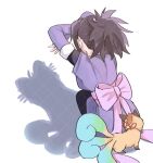  1girl arms_up back_ribbon black_hair black_pantyhose cat_shadow_puppet_(meme) commentary_request corrine creature detached_sleeves different_shadow fingerless_gloves from_above from_behind fujibayashi_sheena full_body gloves high_ponytail japanese_clothes kimono long_hair mametaro_(ma_me_ta_ro) meme ninja pantyhose pink_ribbon pink_sash ponytail purple_kimono ribbon sash shadow_puppet simple_background spiked_hair squatting tales_of_(series) tales_of_symphonia 