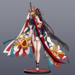  1girl 3d arm_up bare_legs breasts brown_hair bursting_breasts danny912 facial_mark faux_figurine high_ponytail highres holding holding_sword holding_weapon japanese_clothes katana long_hair looking_to_the_side nail_polish official_alternate_costume onmyoji red_eyes red_nails rope sandals solo sword tabi tassel very_long_hair weapon wide_sleeves youtou_hime_(onmyoji) 