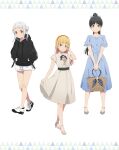  3girls artbook bag basket black_hair blonde_hair blue_dress blunt_bangs bow closed_mouth double_bun dress full_body green_eyes grey_dress hair_bow hair_bun hairband hazuki_ren heanna_sumire high_ponytail highres hood hoodie long_hair looking_at_viewer love_live! love_live!_superstar!! multiple_girls non-web_source official_art ponytail red_eyes ribbon shibuya_kanon shoes short_sleeves skirt skirt_hold smile sneakers white_hair white_skirt yellow_eyes 