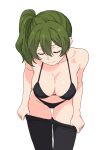  1girl bikini black_bikini black_pants breast_focus breasts cleavage closed_eyes closed_mouth collarbone green_hair highres large_breasts long_hair pants pantyhose removing_pants shibacat13 smile solo sousou_no_frieren standing swimsuit ubel_(sousou_no_frieren) undressing white_background yoga_pants 