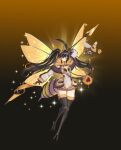  1girl absurdres ahoge antennae arm_up arthropod_girl bee bee_girl black_background black_hair black_sclera blonde_hair bug carapace colored_sclera commentary_request full_body fur_collar fur_trim gradient_background gradient_hair half_mask highres holding holding_polearm holding_weapon honey honeycomb_(pattern) huge_ahoge insect_wings long_hair mask multicolored_hair original polearm solo sparkle spear stinger streaked_hair towards_a_dream._seulha twintails two-tone_background two-tone_hair very_long_hair weapon wings yellow_background yellow_eyes 