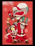  1other 3boys bright_pupils christmas closed_mouth copyright_name flowey_(undertale) frisk_(undertale) full_body grin hat highres hollow_eyes kamezaemon multiple_boys one_eye_closed open_mouth papyrus_(undertale) sans_(undertale) santa_hat skeleton smile teeth undertale white_pupils 