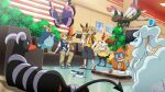  2boys absurdres alolan_ninetales berry_(pokemon) braixen brothers child cody_martin commission creature creature_on_shoulder crossover eating eevee floral_print floral_print_shirt green_eyes grey_shorts grin hand_in_pocket highres holding houndoom indoors looking_at_another lukas_thadeu monferno multiple_boys on_shoulder orange_shirt pants poke_ball pokemon pokemon_(creature) prinplup shirt shoes shorts siblings sitting smile sneakers standing the_suite_life_of_zack_and_cody twins vivillon vivillon_(elegant) white_shirt yanmega zack_martin 
