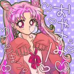  aged_up alternate_hair_length alternate_hairstyle bishoujo_senshi_sailor_moon blowing_bubbles bow bowtie chewing_gum chibi_usa collarbone cone_hair_bun double_bun earrings hair_bun highres jacket jewelry long_hair paw_pose pink_eyes pink_hair pink_sailor_collar red_bow red_bowtie rockcandy_0000 sailor_collar shirt sleeves_past_wrists stud_earrings twintails white_shirt 