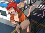2023 anthro bald_tail barefoot bent_legs biped bottomwear breasts brown_body brown_fur buckteeth building clothed clothing corginamedbruno countershade_fur countershade_torso countershading crosswalk digital_media_(artwork) door eye_through_hair fangs feet female flashing flashing_breasts fur furgonomic_bottomwear furgonomics hair hi_res hoodie looking_at_viewer mammal murid murine nipples no_bra no_underwear open_mouth outside power_lines rat red_hair rodent short_hair shorts sidewalk sign sitting small_breasts solo street teeth topwear torn_ear translucent translucent_hair window