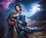  1girl a_han_ji absurdres architecture bare_shoulders black_hair blurry blurry_background building character_request collaboration east_asian_architecture flower hair_flower hair_ornament hand_fan higawari_naishitsu highres japanese_clothes kimono long_hair long_sleeves night night_sky sky solo yiqian_zhang 