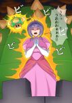  1girl absurdres blunt_bangs breasts closed_eyes crown dress gloves highres mario_(series) medium_breasts medium_hair own_hands_together pain pink_dress princess puffy_short_sleeves puffy_sleeves purple_hair short_sleeves sidelocks solo super_mushroom translation_request white_gloves zock10daisuki 