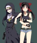  &gt;:( 2girls belt black_lagoon black_tank_top blonde_hair blush bow braid brown_hair cosplay crop_top cross denim denim_shorts eda_(black_lagoon) elbow_on_another&#039;s_shoulder fingerless_gloves gloves gun hair_bow hair_tubes hakurei_reimu handgun holster jewelry kirisame_marisa kuroda_(nanchara_flight) long_hair multiple_girls navel necklace nun open_mouth partially_unzipped ponytail red_bow red_eyes revy_(black_lagoon) short_shorts shorts shoulder_holster shoulder_tattoo sidelocks single_braid smile sunglasses sweatdrop tank_top tattoo torn_clothes torn_shorts touhou v-shaped_eyebrows weapon yellow_eyes 