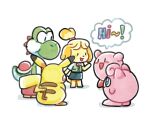  1girl animal_crossing animal_ears barefoot black_eyes blonde_hair blue_eyes buttons commentary dog_ears dog_girl dog_tail english_commentary english_text floppy_ears from_behind furry furry_female green_vest hair_tie happy high_ponytail isabelle_(animal_crossing) jigglypuff kirby kirby_(series) lozyrosie mario_(series) neck_ribbon nostrils open_mouth pikachu pocket pokemon pokemon_(creature) ponytail red_ribbon red_shoes ribbon saddle shadow shirt shoes short_hair short_ponytail short_sleeves simple_background smile solid_oval_eyes speech_bubble super_smash_bros. tail vest white_background white_shirt yoshi 