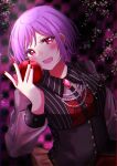  1girl amoris_(bang_dream!) apple asahi_rise bang_dream! bang_dream!_it&#039;s_mygo!!!!! bead_necklace beads black_corset chromatic_aberration corset food fruit highres holding holding_food holding_fruit jewelry long_sleeves looking_at_viewer nail_polish necklace open_mouth pink_brooch pink_eyes purple_hair red_nails short_hair solo upper_body yuutenji_nyamu 