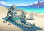  anthro beach beverage cetacean clothing delphinoid dorsal_fin fin fish glass male mammal marine mountain oceanic_dolphin orca sand seaside shark speedo spritedude straw swimwear tattoo thick_tail toothed_whale towel water 