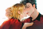  2boys bishounen black_hair blonde_hair blush collar eyelashes gradient_hair haikyuu!! hand_on_another&#039;s_head highres holding holding_collar kozume_kenma kuroo_tetsurou licking_lips looking_at_another male_focus multicolored_hair multiple_boys nekoma_volleyball_uniform prairpaints red_shirt shirt short_hair simple_background sportswear teeth tongue tongue_out twitter_username volleyball_uniform white_background yaoi yellow_eyes 