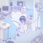  1girl alien_stage bandaged_head bandages bandaid bandaid_on_knee bandaid_on_leg barefoot bed black_eyes black_hair bottle cardiogram chinese_commentary coldmeow commentary_request cotton_swab cup highres hospital hospital_bed hospital_gown intravenous_drip knees_up mask medium_hair own_hands_together oxygen_mask pill pillow scissors signature sitting slippers solo sua_(alien_stage) unworn_mask unworn_slippers water_bottle 