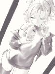  1girl artist_name bare_shoulders black_thighhighs braid cecilia_immergreen cellphone commentary doll_joints english_commentary green_eyes hand_up high_ponytail highres holding holding_phone hololive hololive_english jacket joints looking_at_phone open_clothes open_jacket phone playing_with_own_hair ponytail short_hair sleeveless sleeveless_sweater smartphone solo spot_color sunsetskyline sweater thighhighs virtual_youtuber 