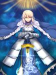  1girl ahoge armor armored_dress artoria_pendragon_(fate) blonde_hair blue_background blue_bow blue_cape blue_dress bow braid braided_bun breastplate breasts bun_with_braided_base cape dress excalibur_(fate/stay_night) fang fate/grand_order fate_(series) fur-trimmed_cape fur_trim gauntlets glowing glowing_sword glowing_weapon green_eyes hair_between_eyes hair_bun hair_ribbon hair_through_headwear hands_on_hilt highres holding holding_sword holding_weapon invisible_air_(fate) iro_(sekaixiro) long_sleeves looking_at_viewer medium_breasts ponytail ribbon saber_(fate) short_hair simple_background skin_fang solo sword type-moon weapon 
