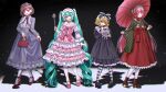  4girls aqua_eyes aqua_hair bag black_bow black_dress black_shoes blonde_hair blue_eyes bonnet boots bow checkered_pantyhose closed_mouth clothes_lift dress dress_lift drill_hair earrings frilled_bonnet frilled_dress frills hair_bow hand_up handbag hands_up hat hatsune_miku high_heels highres holding holding_staff holding_stuffed_toy holding_umbrella izumikiyomaru jewelry kagamine_rin lace-trimmed_headwear lace-trimmed_skirt lace_trim layered_dress lolita_fashion long_hair long_sleeves megurine_luka meiko_(vocaloid) multiple_girls oil-paper_umbrella pantyhose parted_lips pink_dress pink_hair pink_hat pinstripe_dress pinstripe_hat pinstripe_pattern purple_dress red_boots red_eyes red_hair red_skirt shoes short_hair skirt smile staff standing stuffed_toy twintails umbrella very_long_hair vocaloid white_pantyhose yellow_eyes 